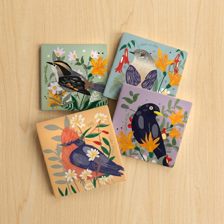 Posavasos Cuadrados Cerámica Pequeñas Aves de Chile x4 | Vuelvo al Sur