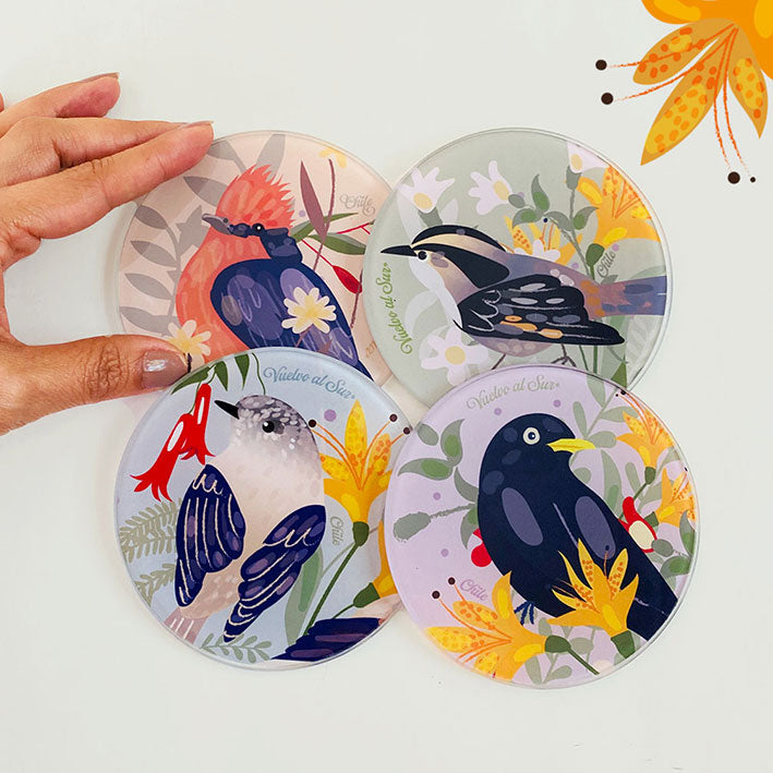 SET POSAVASOS REDONDOS PEQUEÑAS AVES DE CHILE