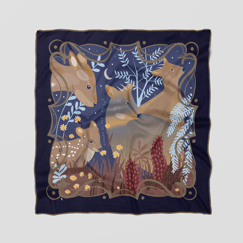 Pañuelo de Seda Pudúes en la Noche · 65 cm