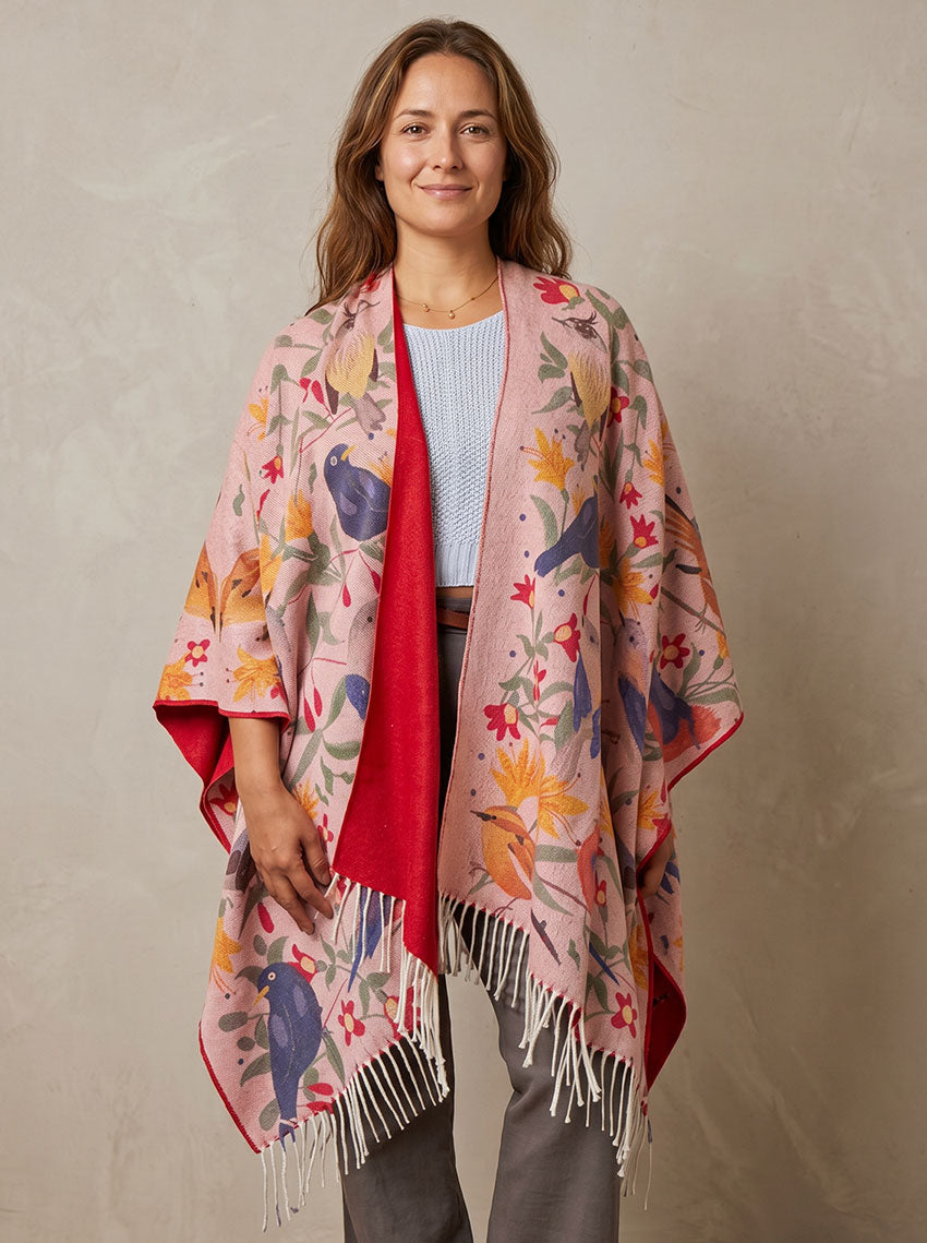 Ruana con Alpaca Pequeñas Aves Roja