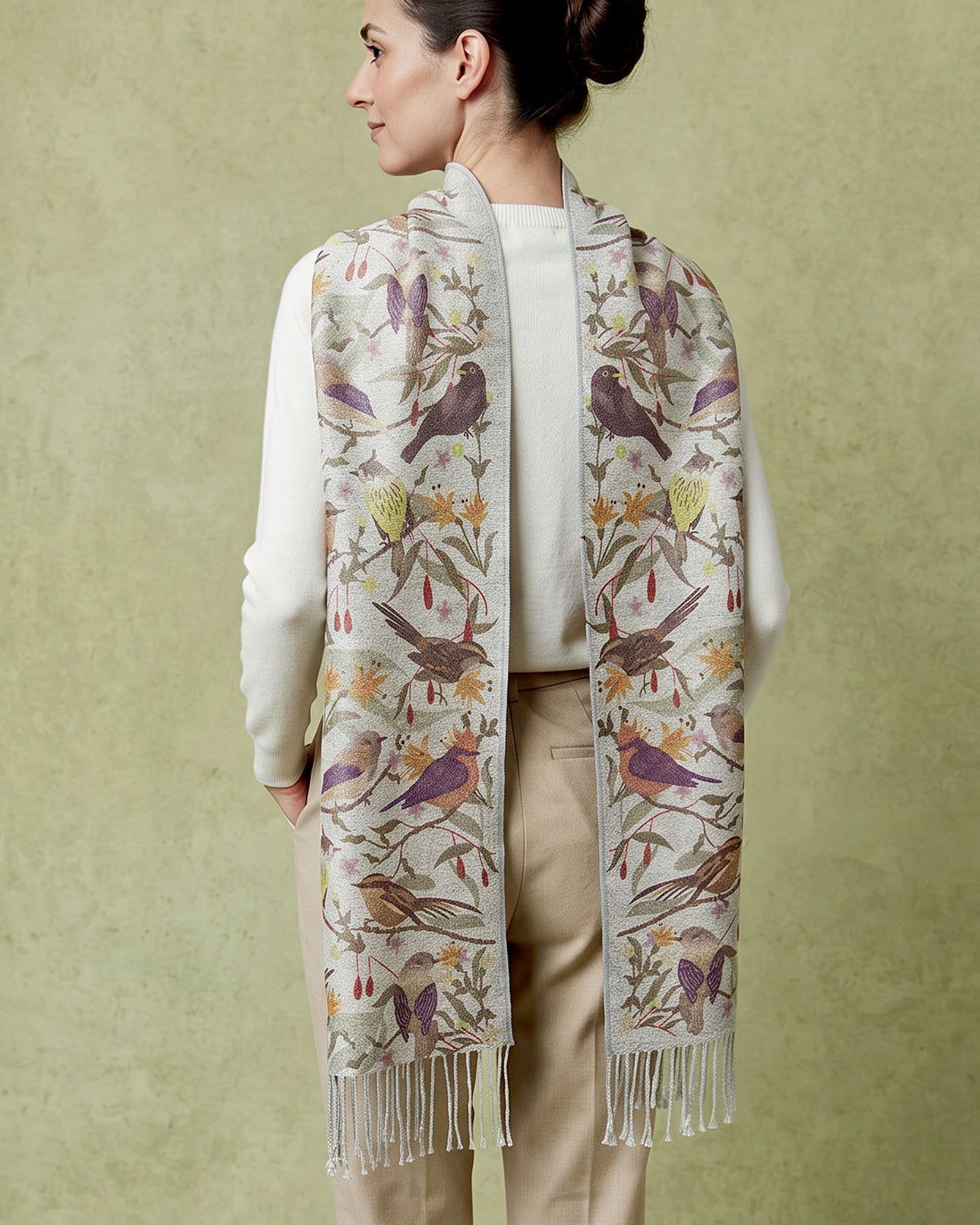 Scarf with Alpaca Small Gray Birds