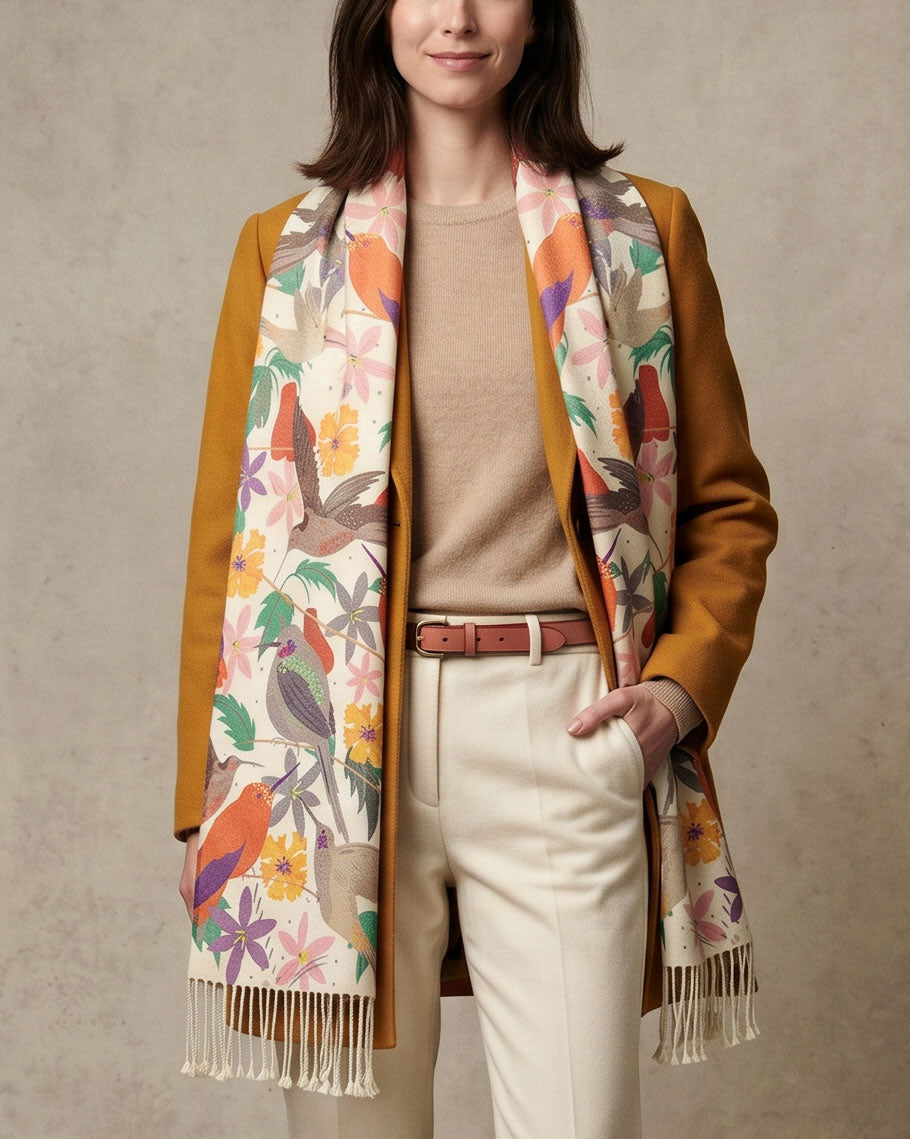 Bufanda con Alpaca Picaflores de Chile Blanca | Diseño Chileno para Mujer | Vuelvo al Sur