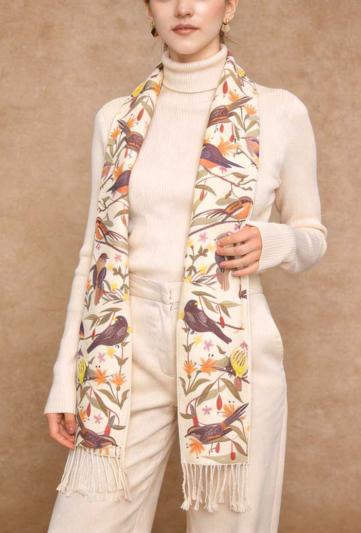 Scarf with Alpaca Small White Birds