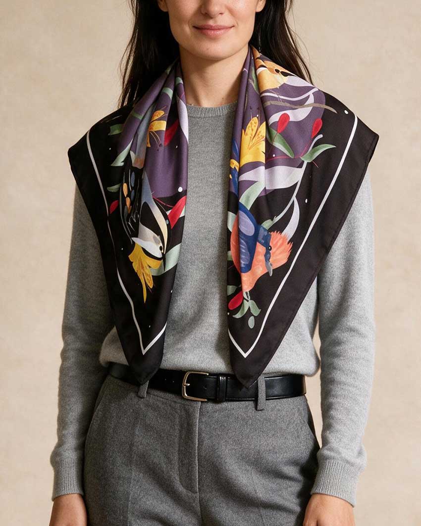 Small Birds at Sunset Scarf Black 80