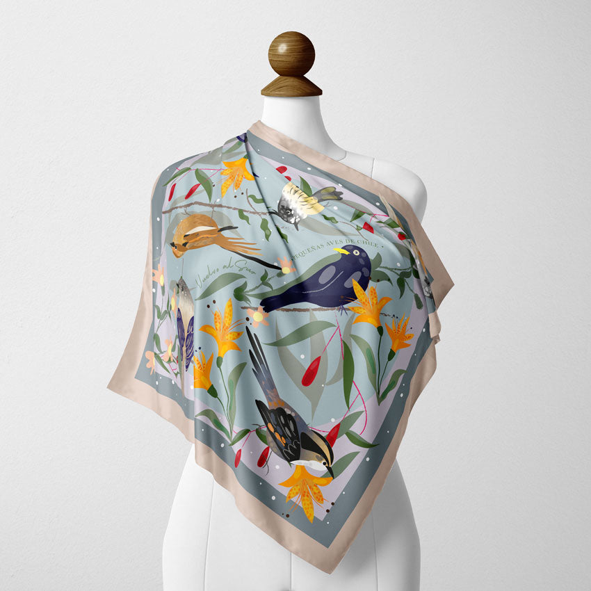 Pañuelo de Lana y Seda Pequeñas Aves Beige · 90 cm