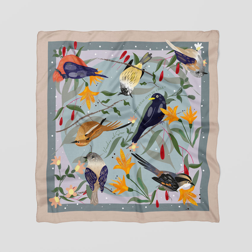 Pañuelo de Lana y Seda Pequeñas Aves Beige · 90 cm