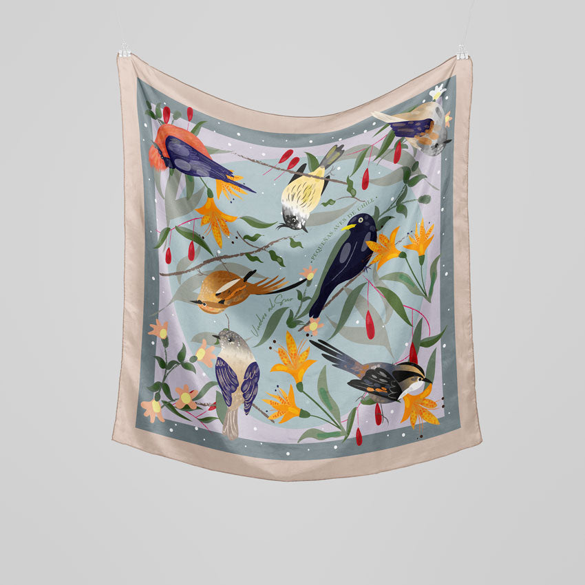 Pañuelo de Seda Pequeñas Aves Beige · 65 cm