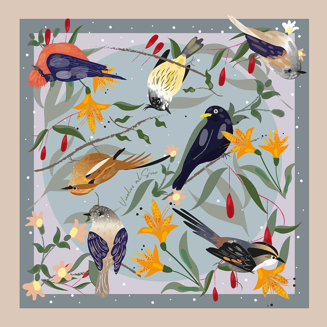 Small Birds at Dusk Beige Scarf