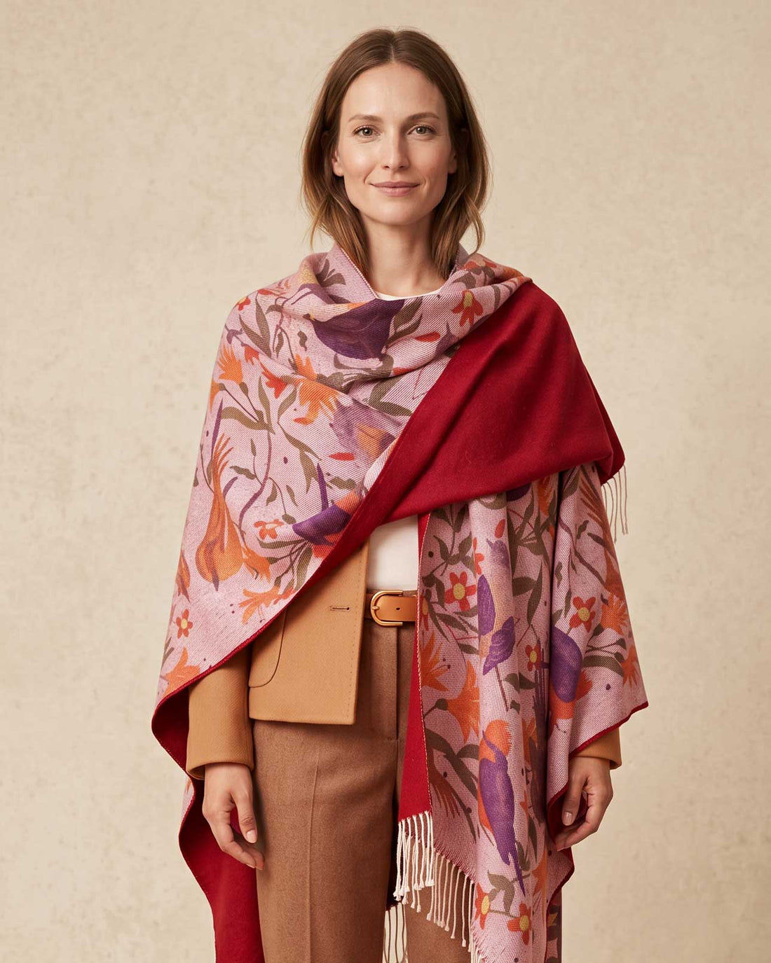 Ruana with Reversible Alpaca Small Red Birds
