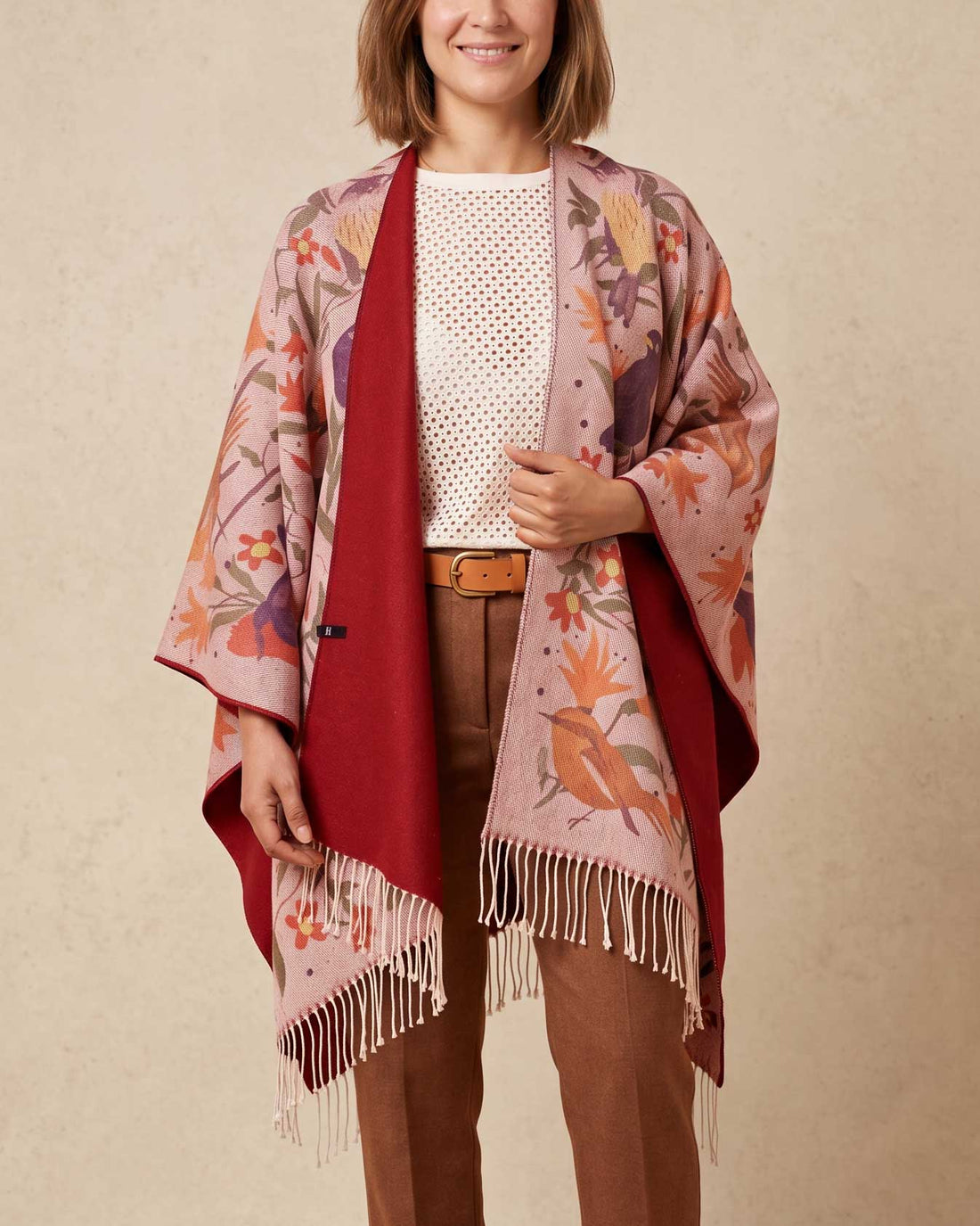 Ruana with Reversible Alpaca Small Red Birds
